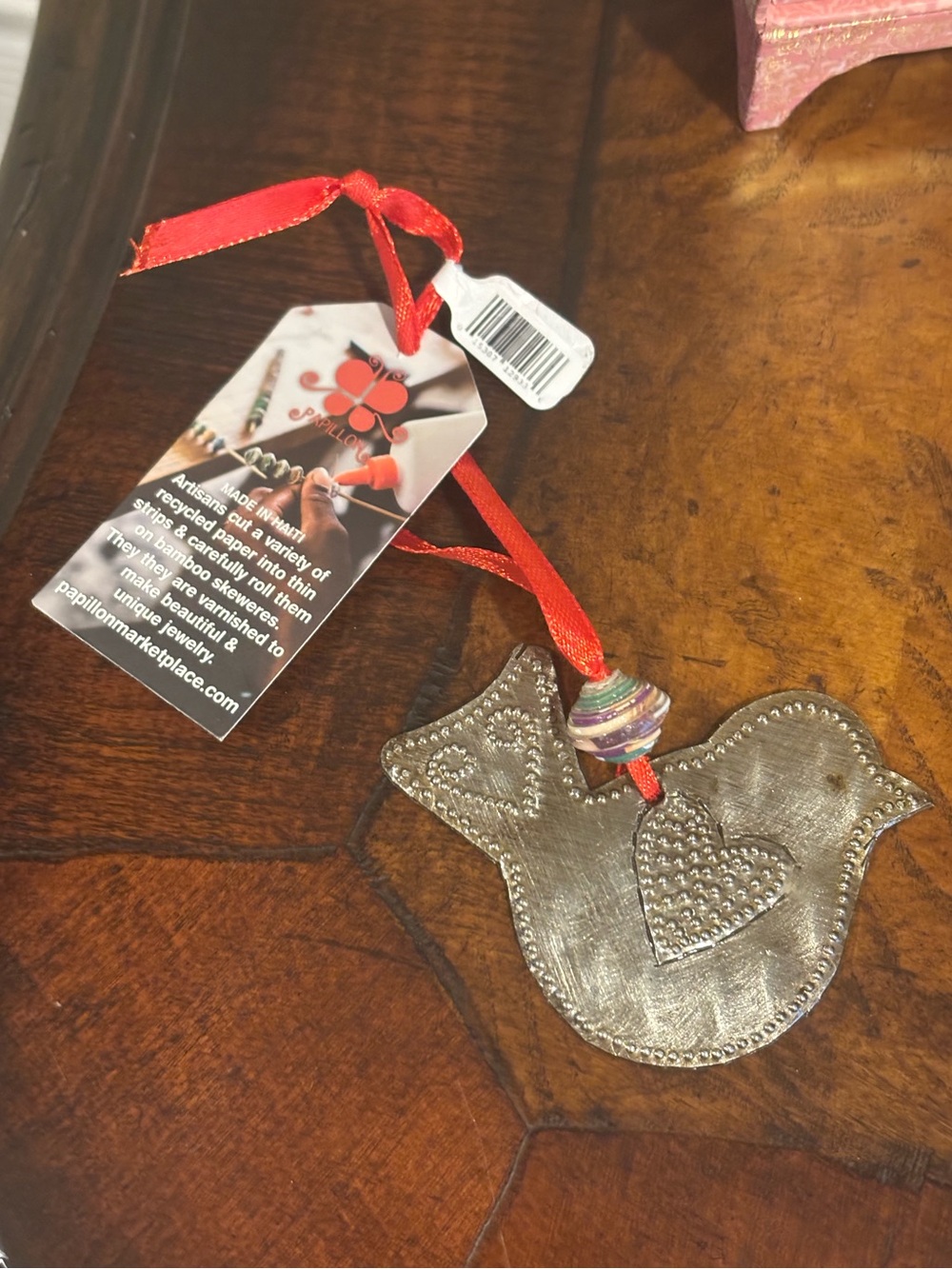 Papillon Silver Bird Ornament with Red Ribbon